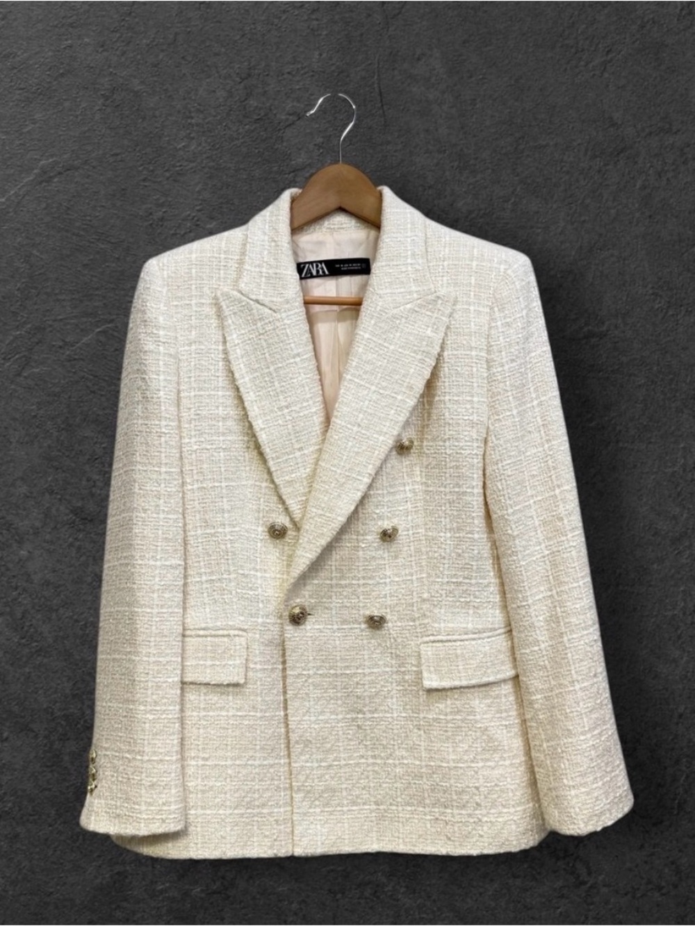 Zara Womens Cream Double Breasted Tweed Blazer Gold Buttons
